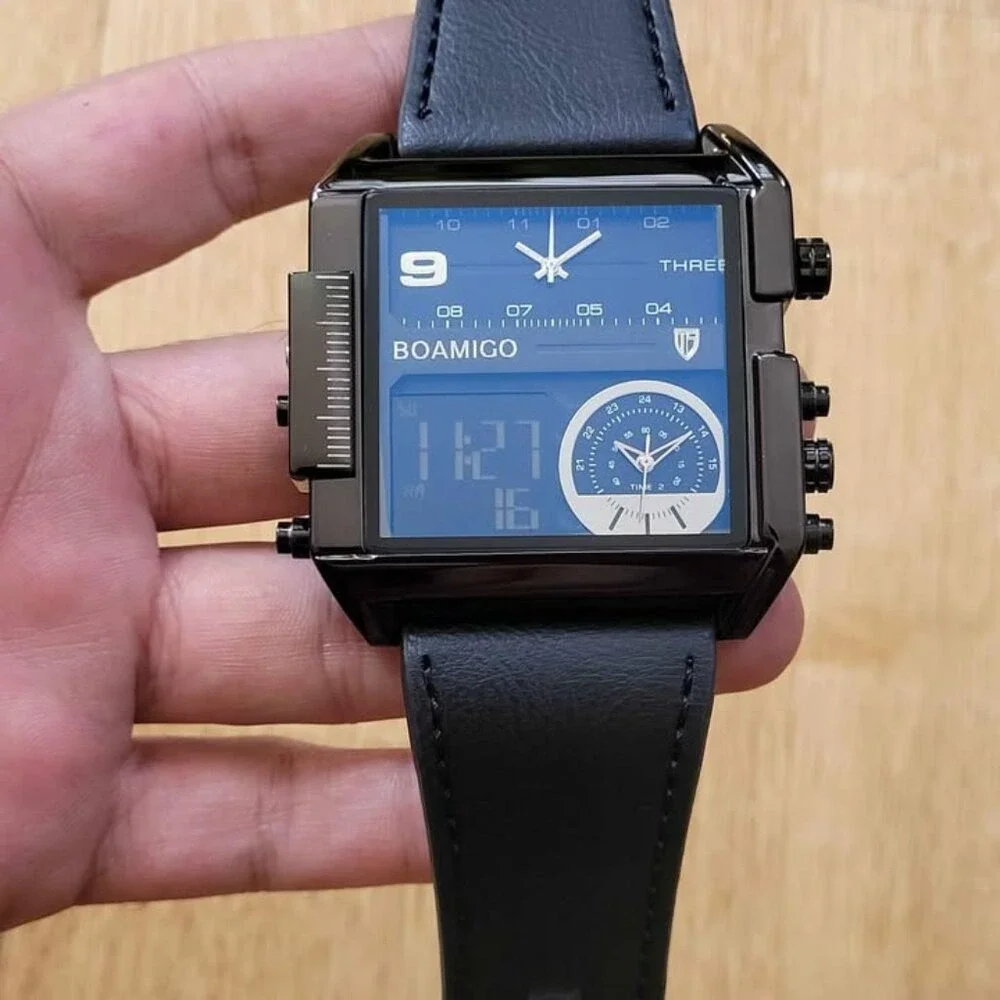BOAMIGO Big Square Dial 3‎ TimeZone Stylish Watch For Men